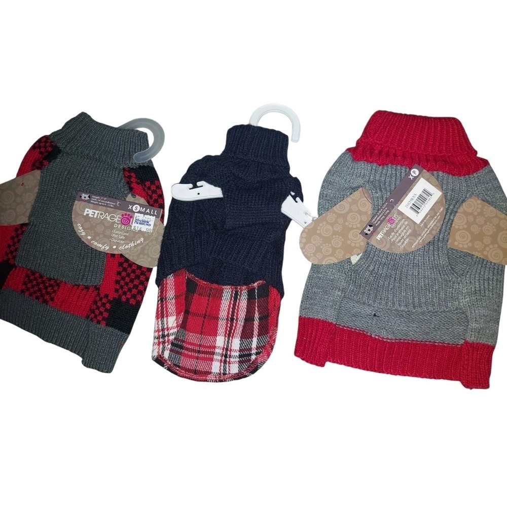 Bundle 3 XS Dog Sweaters Winter Theme Grey And Red Snowflake, Squirrel, Plaid - Picture 2 of 3